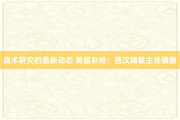 战术研究的最新动态 英超彩经：西汉姆联主场擒狼